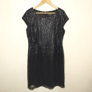 Tahari ASL Black Sequin Cocktail Dress Cap Sleeve